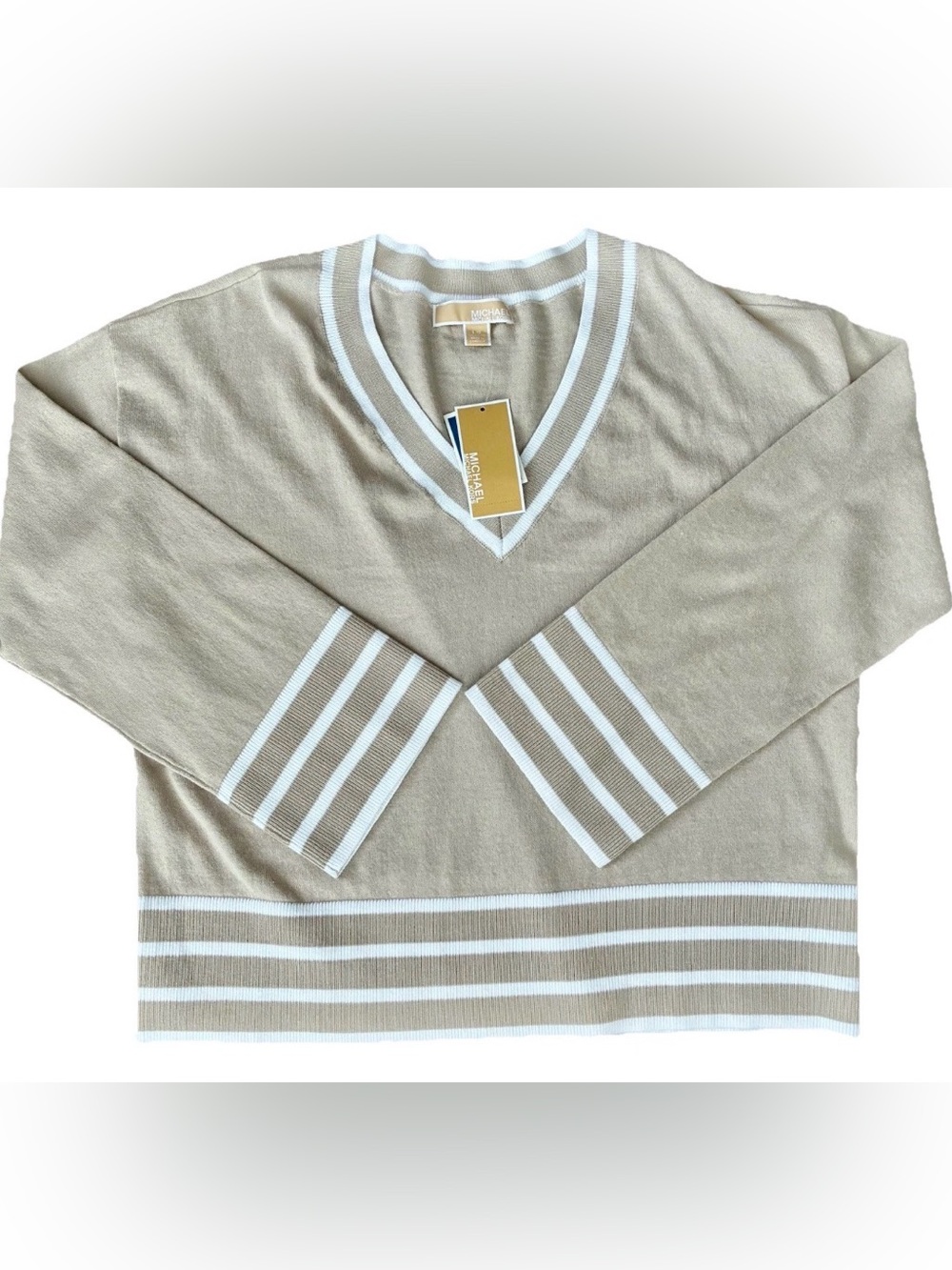 Michael Kors Women’s Large NWT Sweater V Neck Beige Tipped Trim MK $110 MSRP